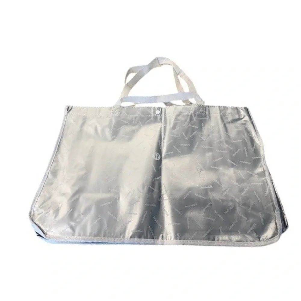 Lululemon‎ Reusable XL Shopping Tote Bag Large Metallic Silver Logo Shopper New